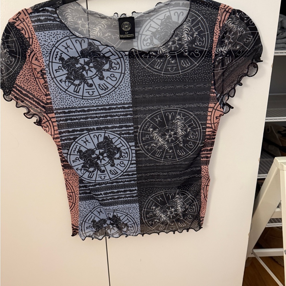 Urban Outfitters Mesh Zodiac Print Lettuce Hem Top – Size S